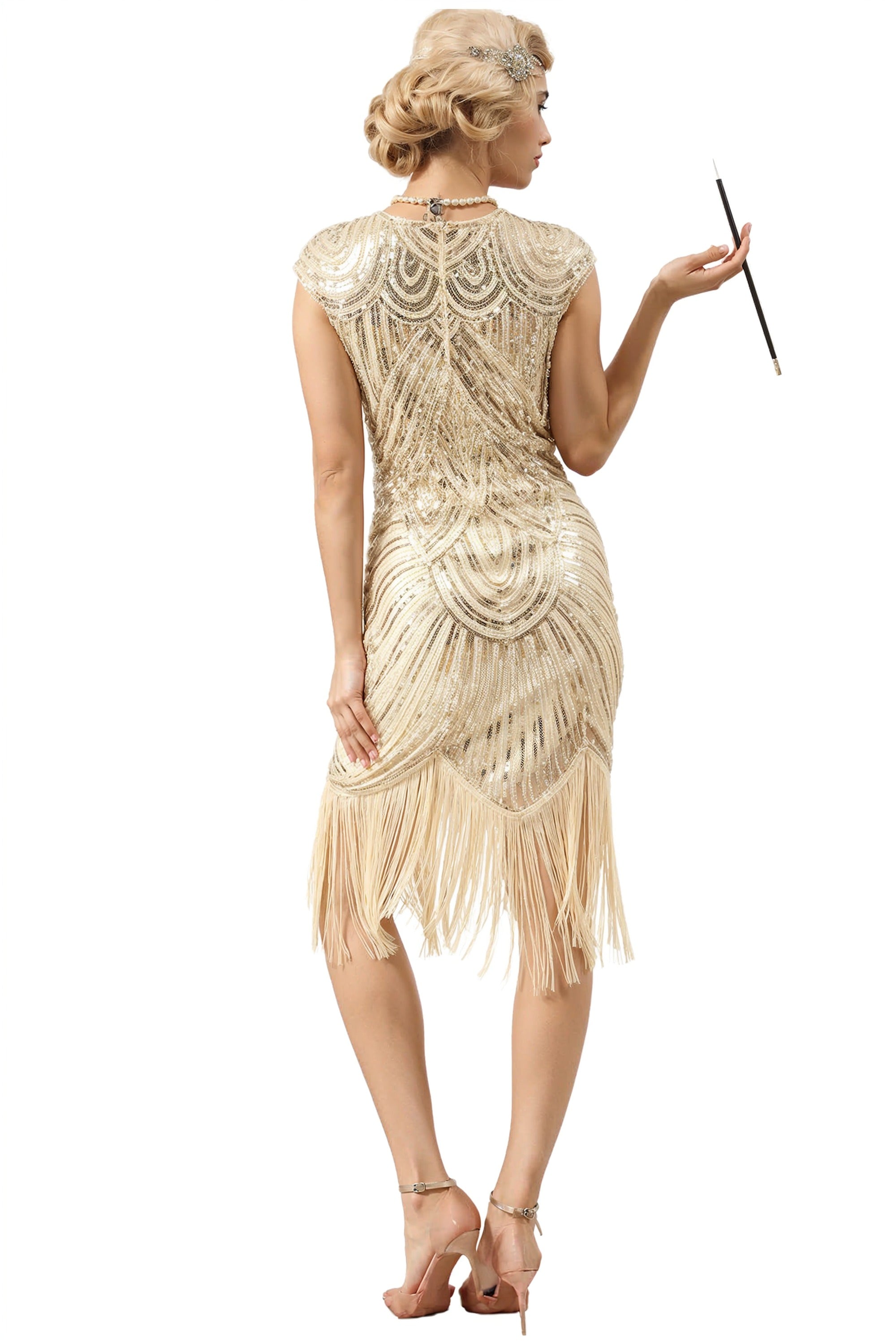 Ivory Cape Sleeves Sequin Fringe Flapper 1920s Dress
