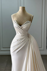 Ivory Column Sweetheart Spaghetti Strap Sleeveless Beaded Panel Train Ruffle Satin Bridal Gown With Pearls