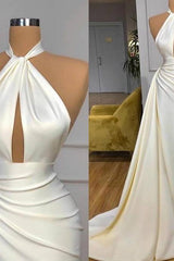 Ivory Halter Long Prom Dress With Split Detachable Train