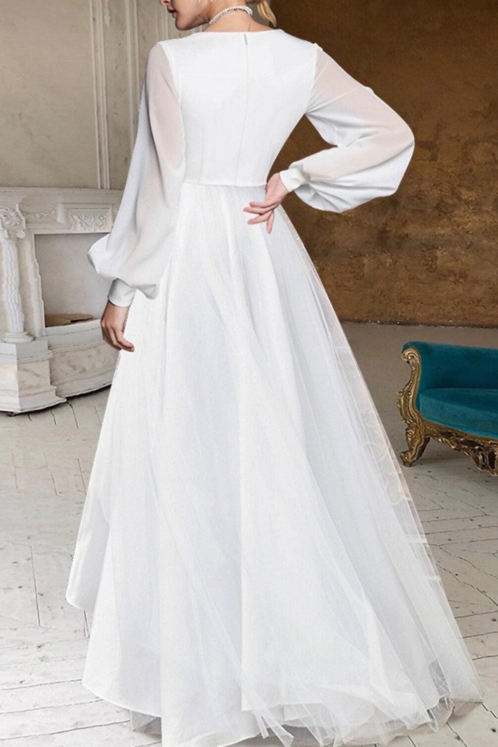 Ivory High Low Beach Wedding Dress Long Sleeves V Neck Bridal Dress