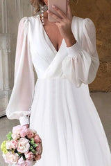 Ivory High Low Beach Wedding Dress Long Sleeves V Neck Bridal Dress