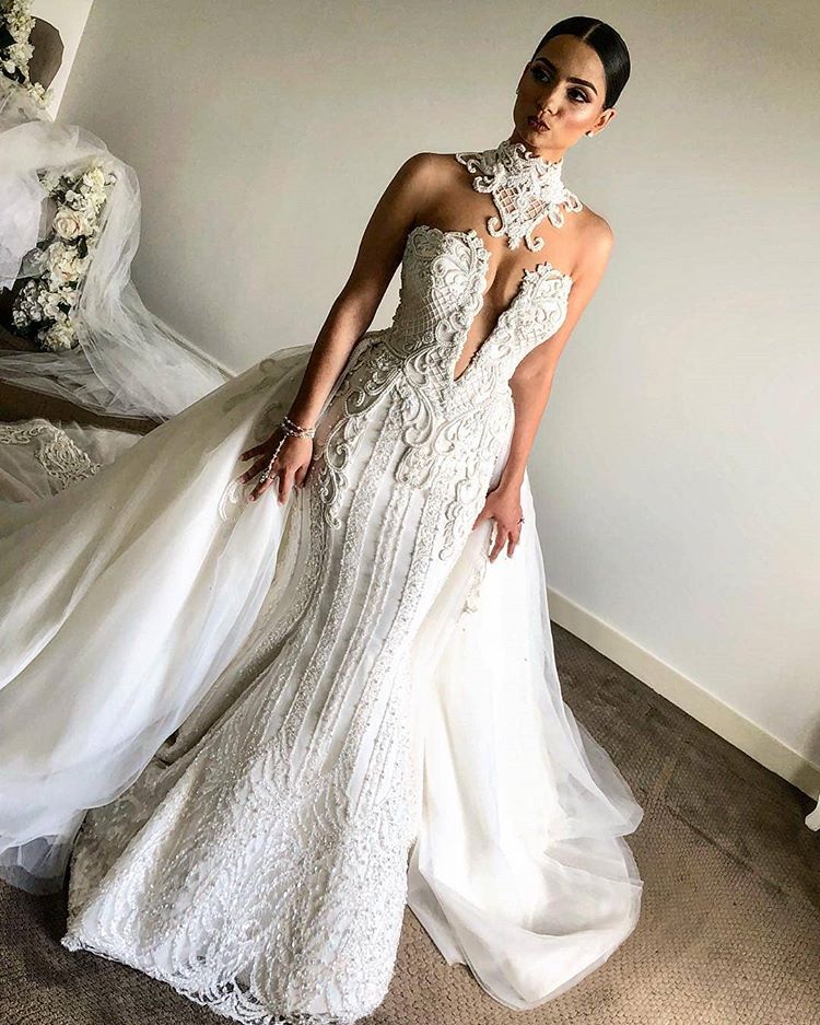 Dreamyannie Women Ivory High Neck Wedding Dress Mermaid Tulle Bridal Dress  With Panel Train – Dreamyannie UK
