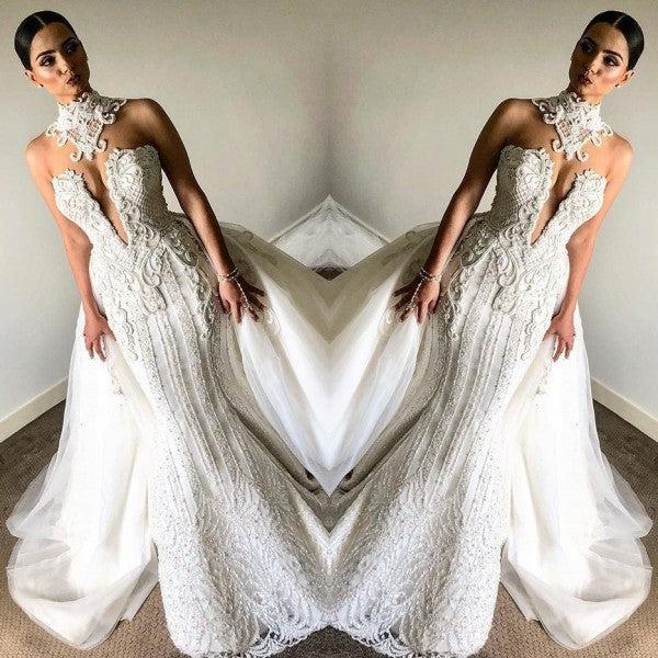 Ivory High Neck Wedding Dress Mermaid Tulle Bridal Dress With Panel Train