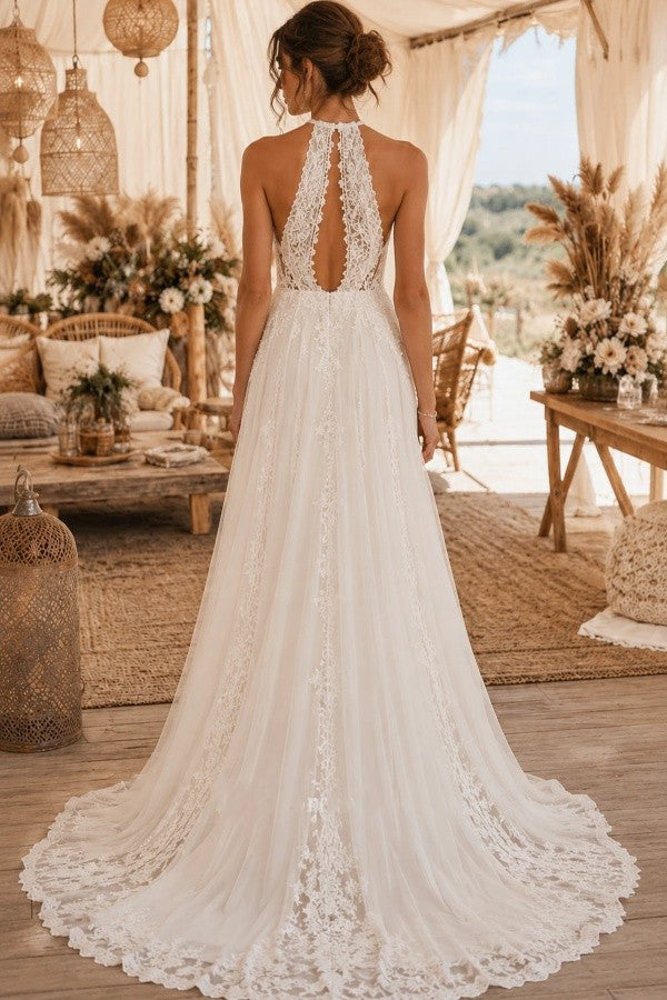 Ivory Lace A Line Wedding Dress with Halter Keyhole Neckline and Open Back