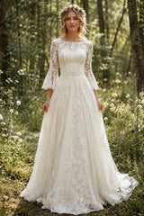 Ivory Lace A Line Wedding Dress with Illusion Neckline and Bell Sleeves
