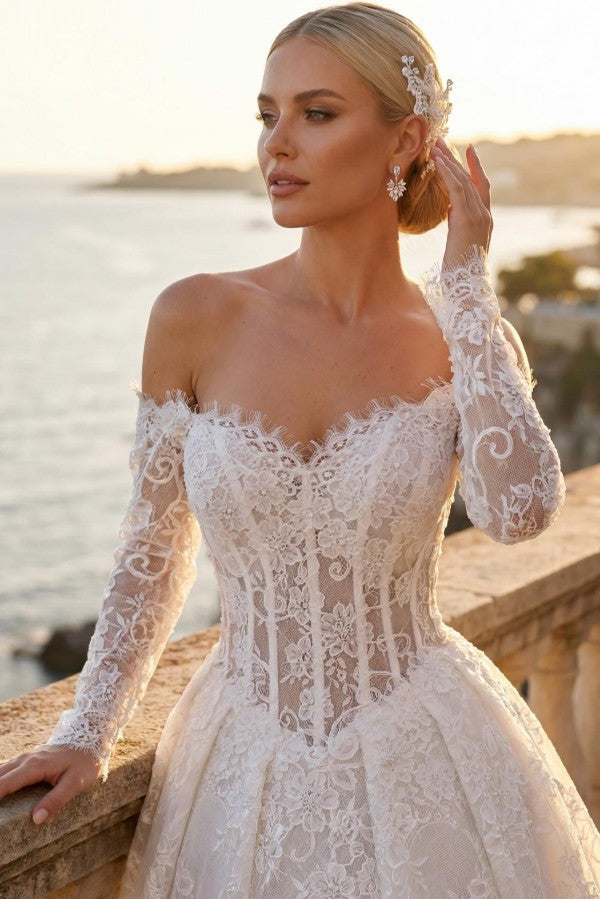 Ivory Lace A Line Wedding Dress with Long Sleeves and Off Shoulder Neckline