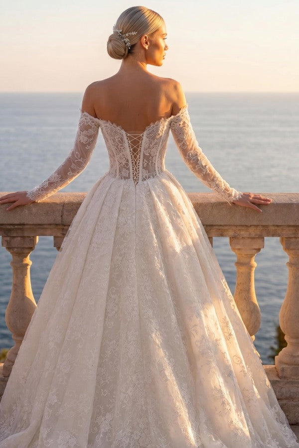 Ivory Lace A Line Wedding Dress with Long Sleeves and Off Shoulder Neckline