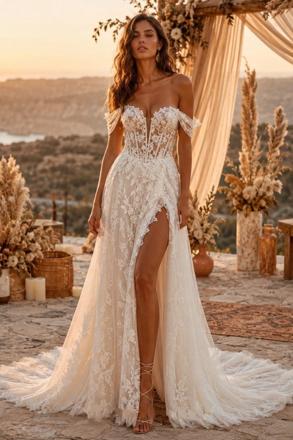 Ivory Lace A Line Wedding Dress with Side Slit and Off Shoulder Sleeves