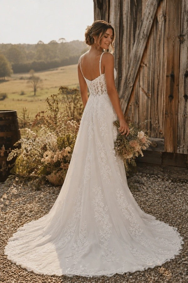 Ivory Lace A Line Wedding Dress with Spaghetti Straps and Sheer Corset Bodice