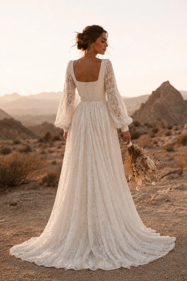 Ivory Lace A Line Wedding Dress with Square Neck and Bishop Sleeves