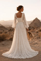 Ivory Lace A Line Wedding Dress with Square Neck and Bishop Sleeves