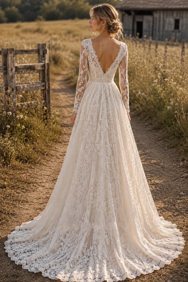 Ivory Lace A Line Wedding Dress with V Neck and Long Sleeves