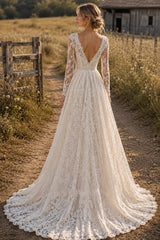 Ivory Lace A Line Wedding Dress with V Neck and Long Sleeves