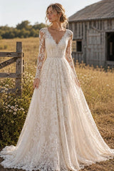 Ivory Lace A Line Wedding Dress with V Neck and Long Sleeves