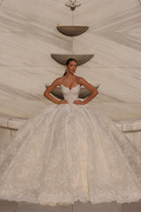 Ivory Lace Ball Gown Wedding Dress with Pearl Beaded Corset Bodice