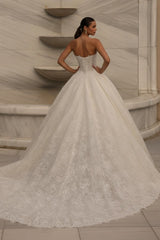 Ivory Lace Ball Gown Wedding Dress with Pearl Beaded Corset Bodice