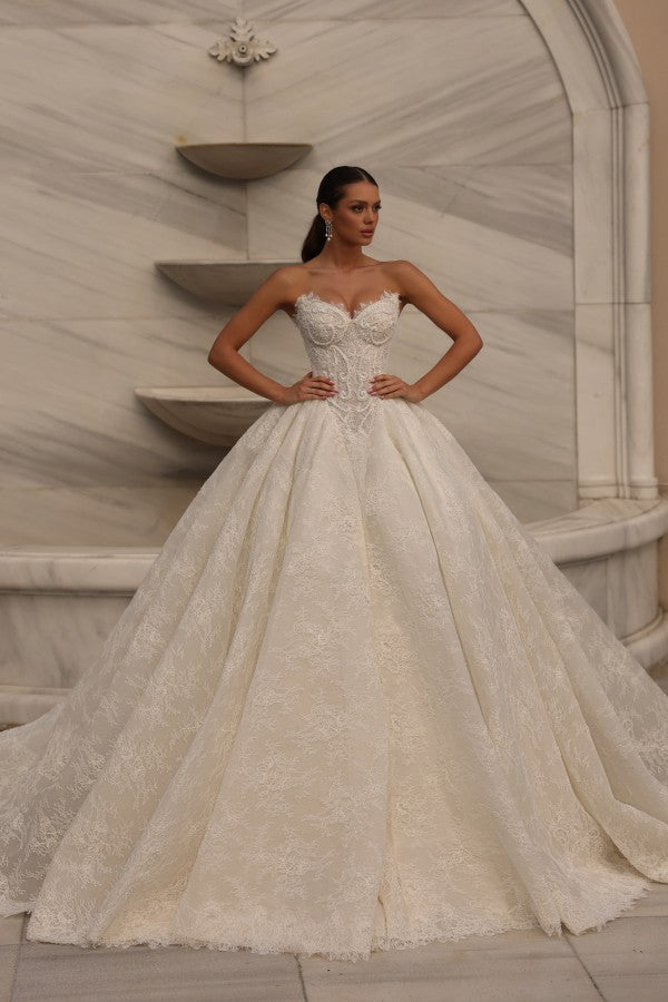 Ivory Lace Ball Gown Wedding Dress with Pearl Beaded Corset Bodice