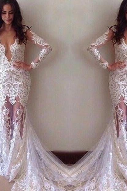 Ivory Long Sleeve Lace Appliques Mermaid Tulle Wedding Dress