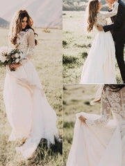 Ivory Long Sleeves Beach Wedding Dress Tulle Lace A Line Bridal Dress