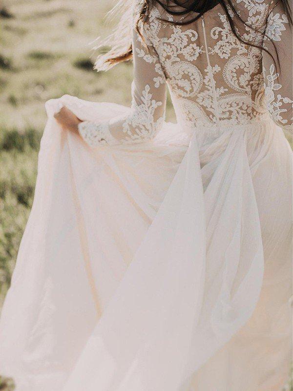 Ivory Long Sleeves Beach Wedding Dress Tulle Lace A Line Bridal Dress