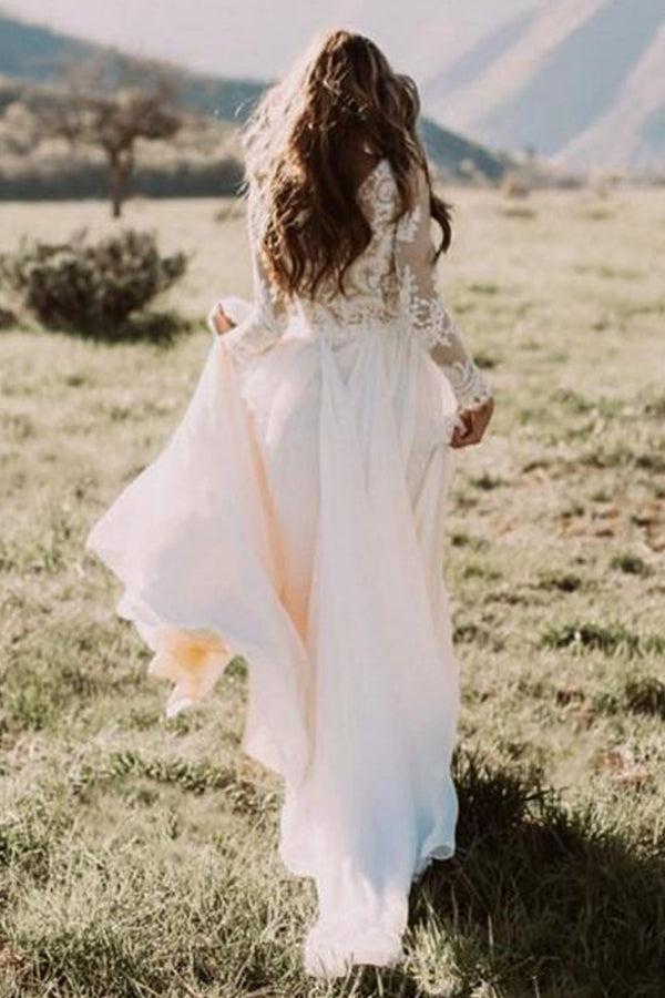 Ivory Long Sleeves Beach Wedding Dress Tulle Lace A Line Bridal Dress