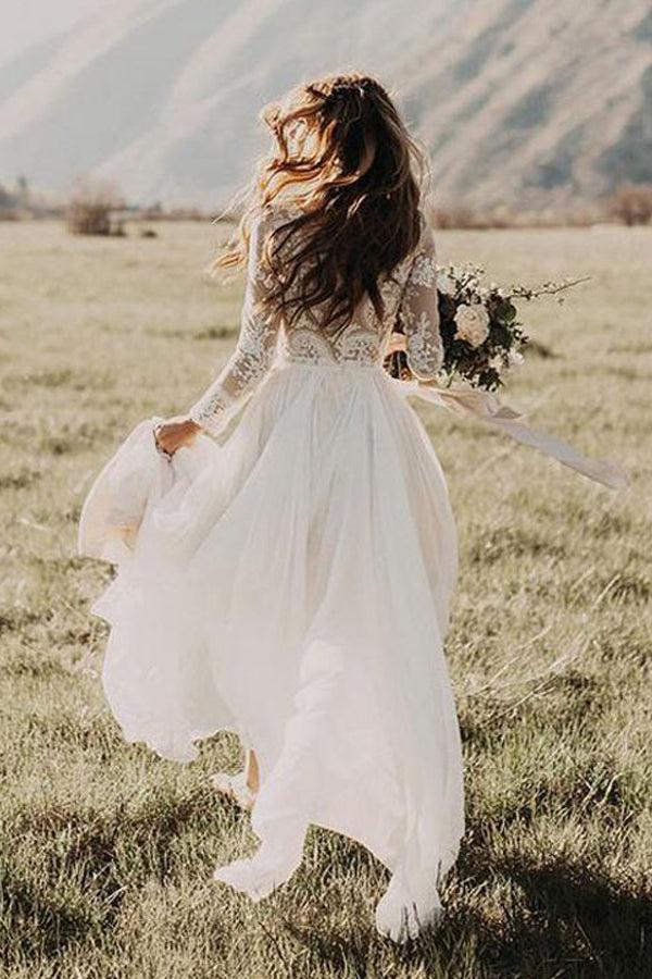 Ivory Long Sleeves Beach Wedding Dress Tulle Lace A Line Bridal Dress