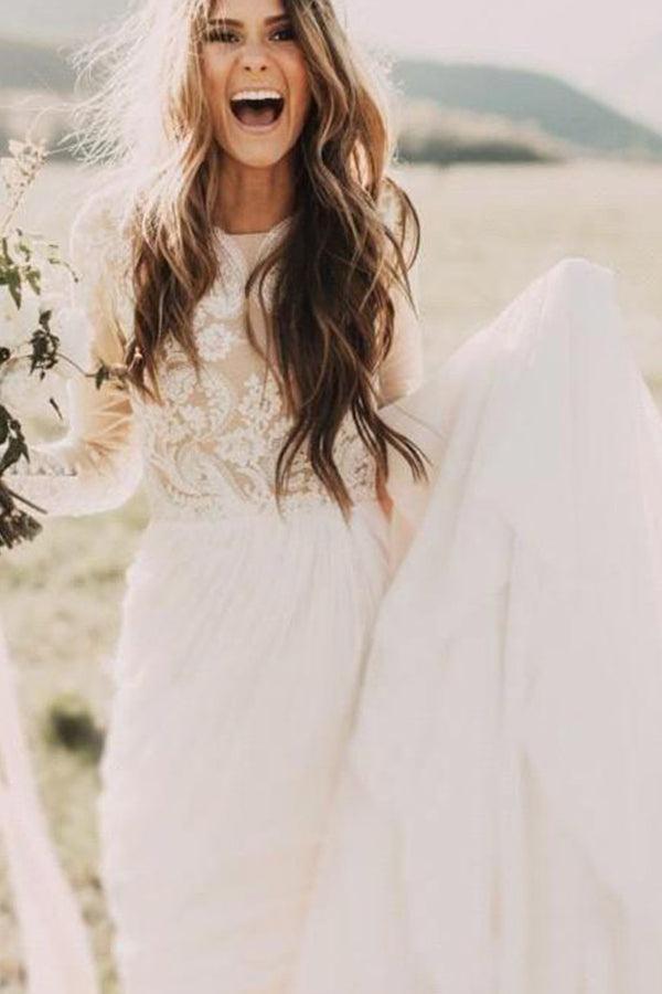 Ivory Long Sleeves Beach Wedding Dress Tulle Lace A Line Bridal Dress