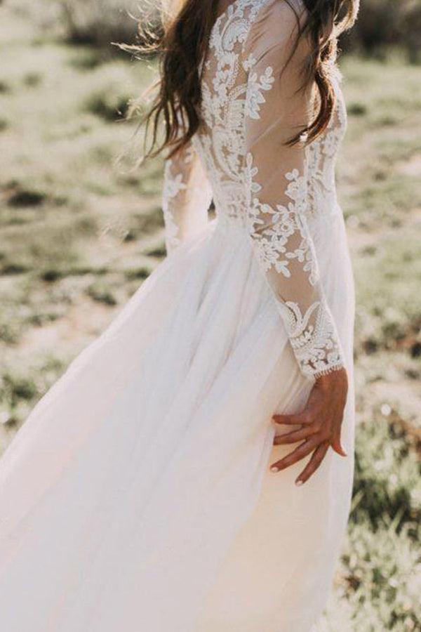 Ivory Long Sleeves Beach Wedding Dress Tulle Lace A Line Bridal Dress