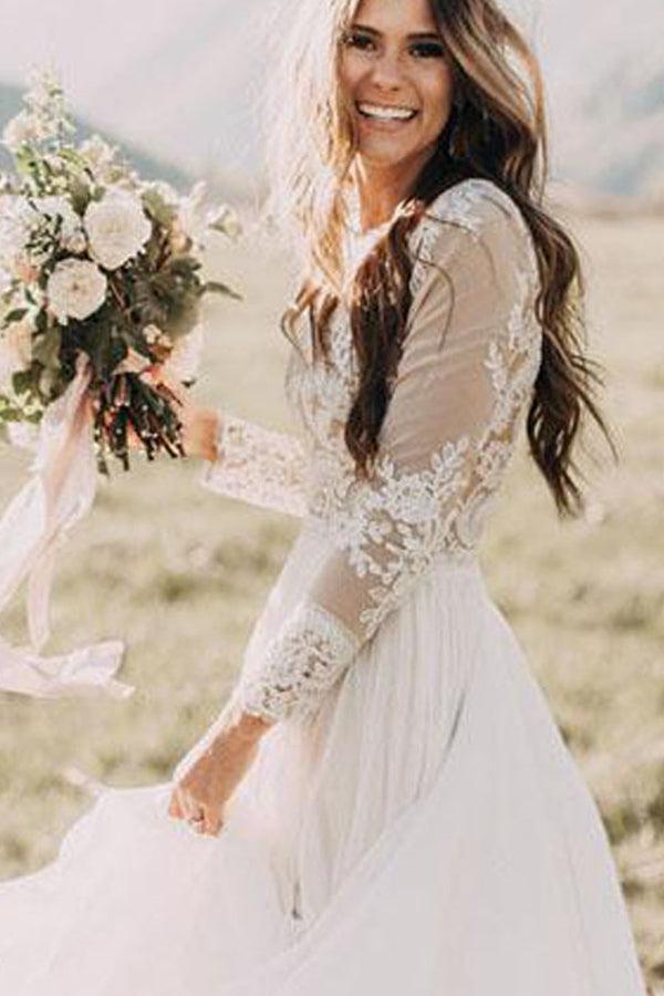 Ivory Long Sleeves Beach Wedding Dress Tulle Lace A Line Bridal Dress