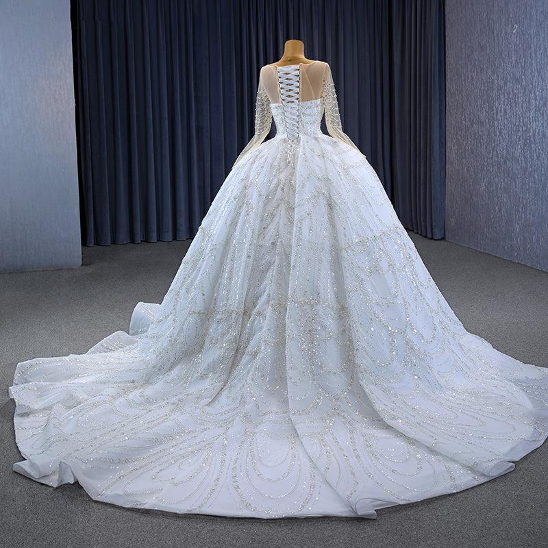 Ivory Long Sleeves Wedding Dress Ball Gown Sequin Bridal Dress with Sweep Train