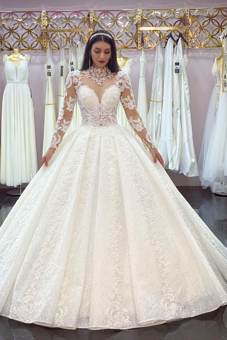 Ivory Long Sleeves Wedding Dress Lace Appliques Ball Gown Bridal Dress