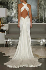 Ivory Mermaid Beach Wedding Dress Halter Bridal Dress with Panel Train