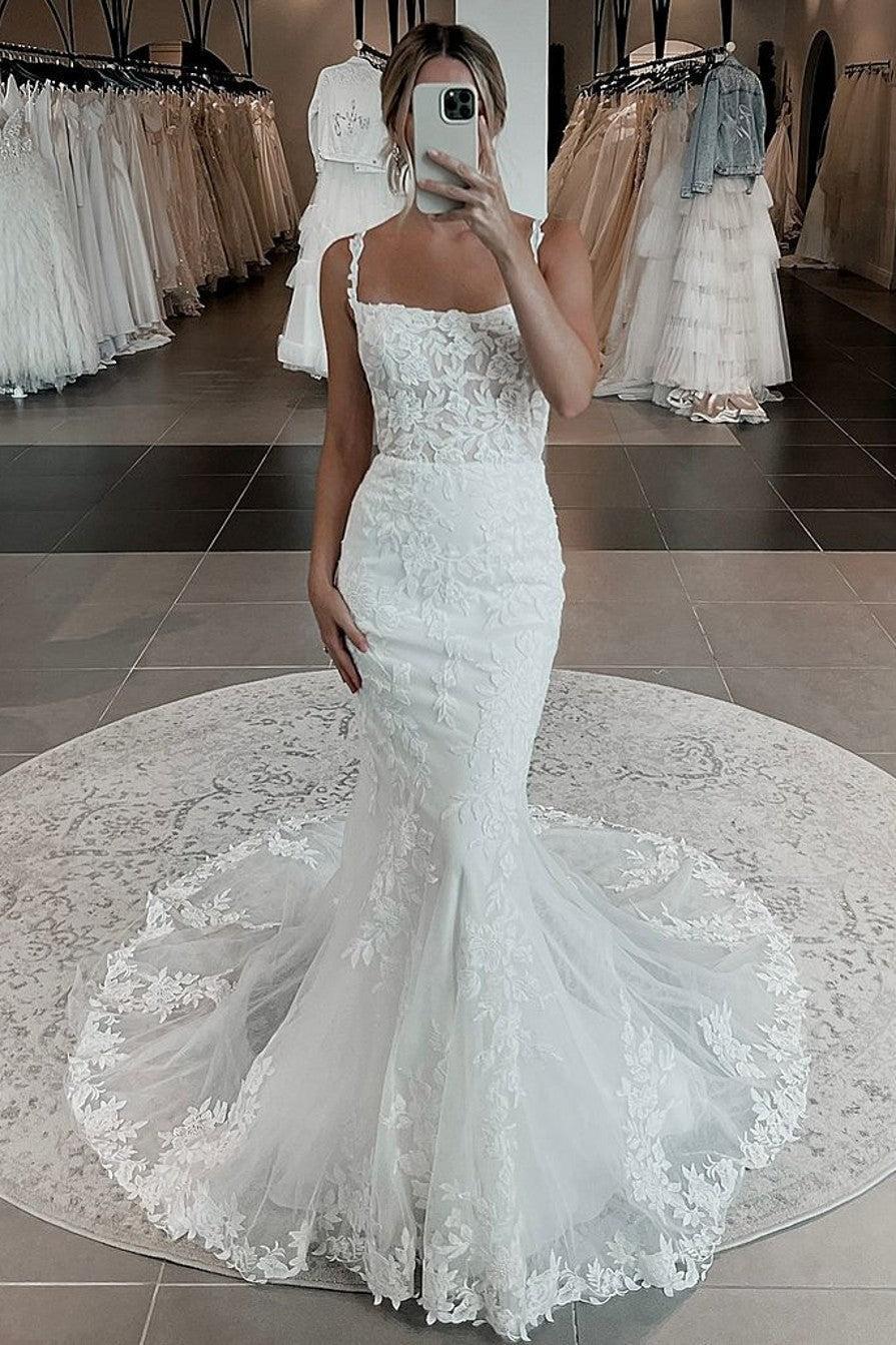Ivory Mermaid Beach Wedding Dress Spaghetti Straps Appliques Bridal Dress