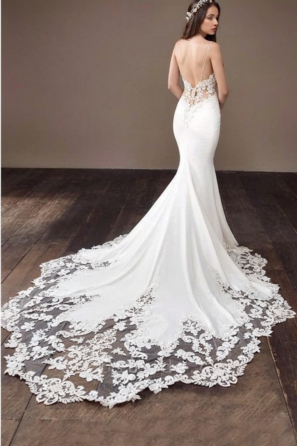 Ivory Mermaid Beach Wedding Dress Spaghetti Straps Appliques Lace Bridal Dress