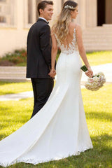 Ivory Mermaid Beach Wedding Dress Spaghetti Straps Lace Appliques Bridal Dress
