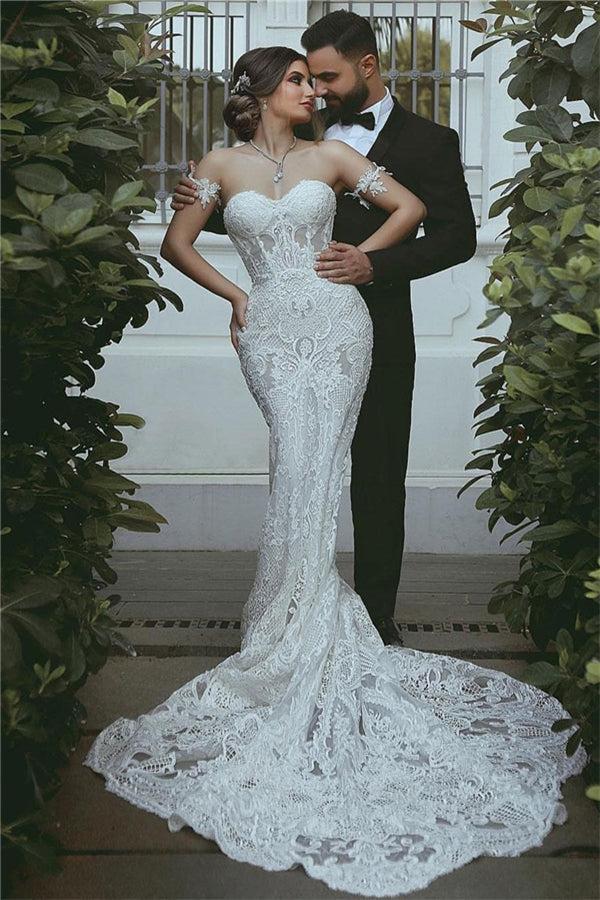 Ivory Mermaid Beach Wedding Dress Sweetheart Tulle Lace Appliques Bridal Dress