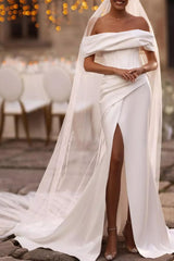 Ivory Mermaid Off the Shoulder Beach Wedding Dress Satin Corset Bridal Dress with Sweep Train