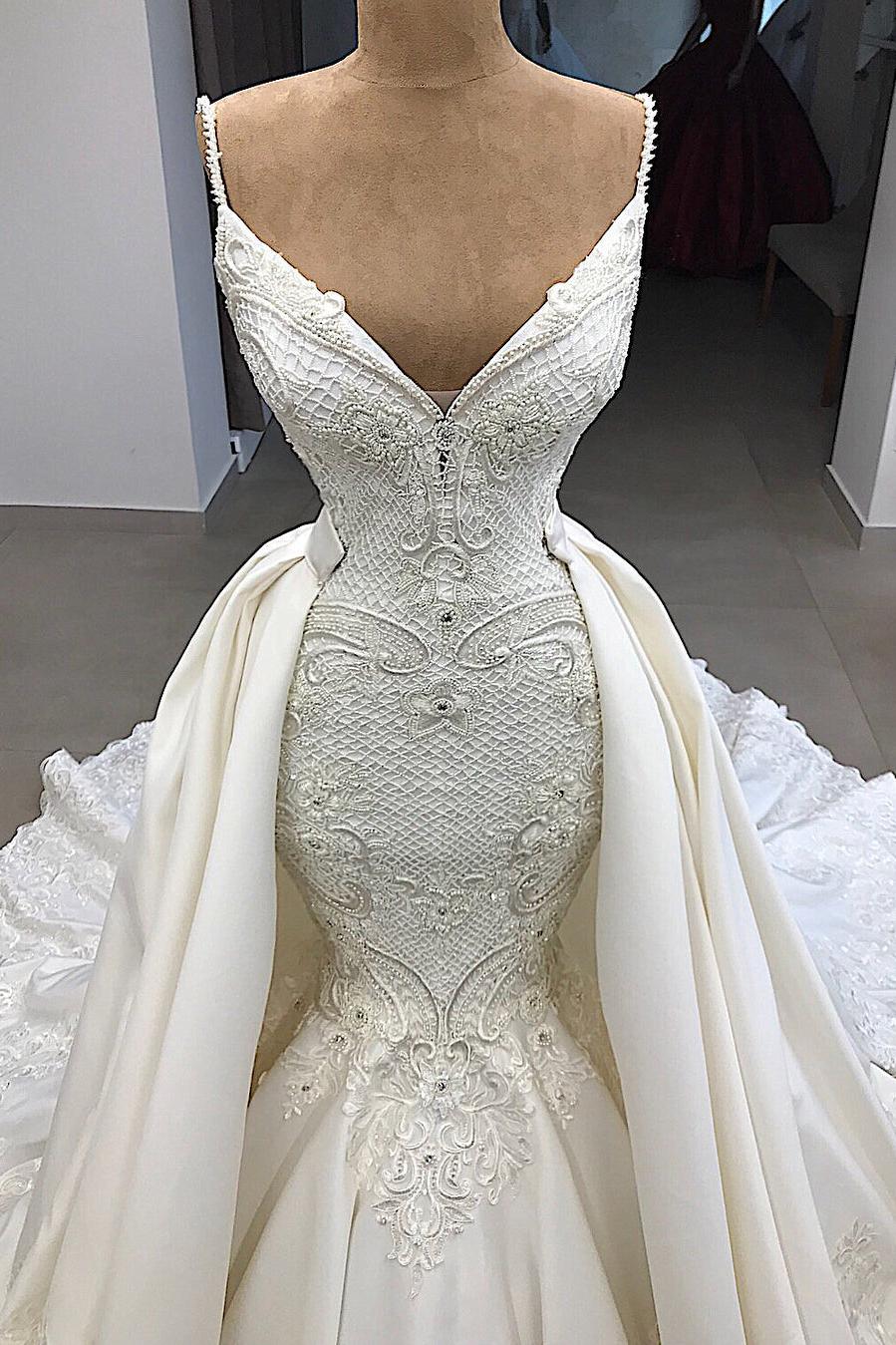 Ivory Mermaid Wedding Dress Spaghetti Straps Satin Appliques Bridal Dress with Panel Train