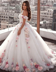 Ivory Off The Shoulder Wedding Dress Ball Gown Tulle Bridal Dress with 3D Flowers