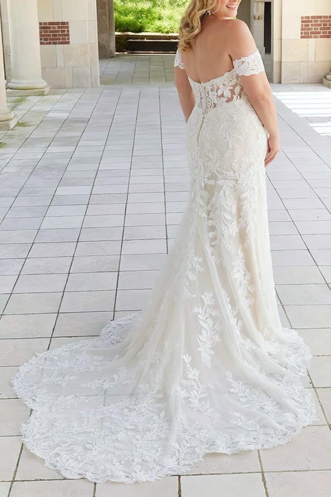 Ivory Plus Size Beach Wedding Dress Lace Apppliques Mermaid Off the Shoulder Bridal Dress