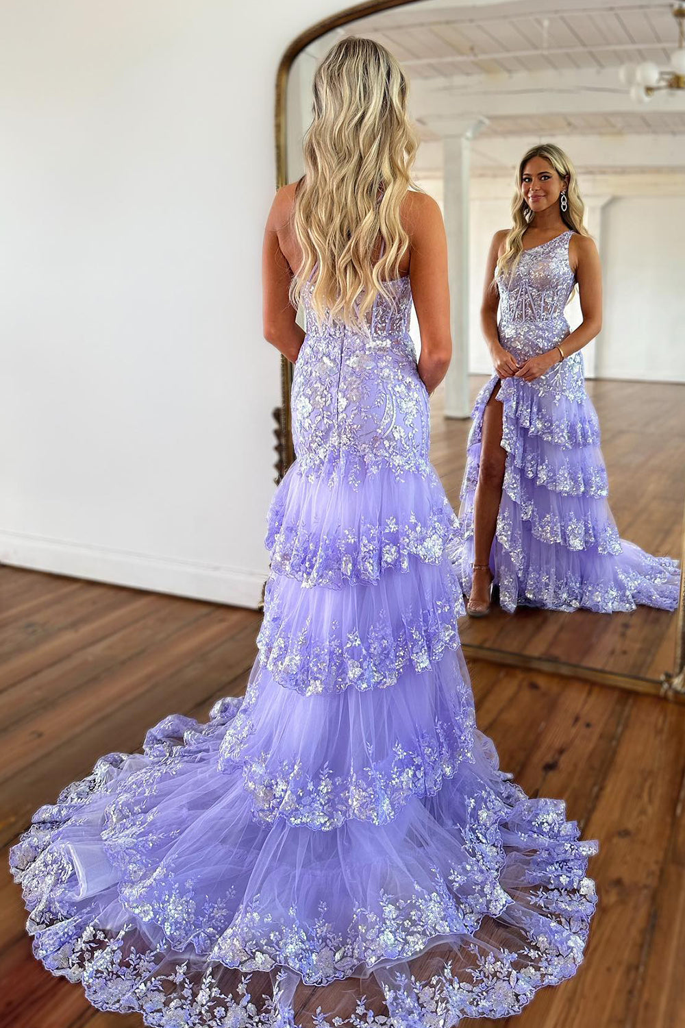 Sparkly Lilac One Shoulder Tiered Lace Long Prom Dress with Slit