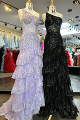 Ivory Prom Dress One Shoulder Tiered Lace Long Evening Dress with Slit