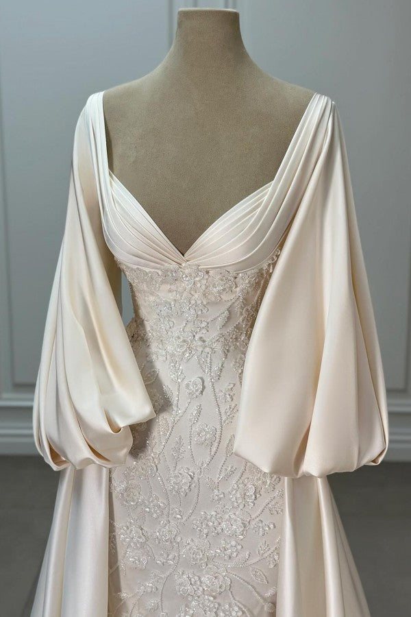Ivory Satin A Line Wedding Dress with Long Puff Sleeves and Beaded Lace