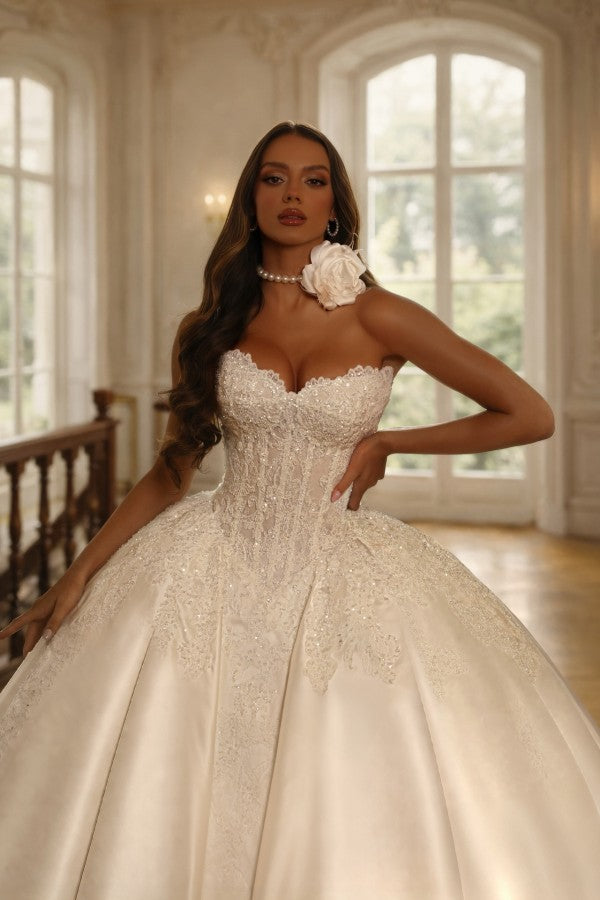 Ivory Satin Ball Gown Wedding Dress with Lace Corset Bodice and Sweetheart Neckline