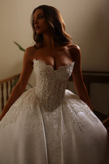 Ivory Satin Ball Gown Wedding Dress with Lace Corset Bodice and Sweetheart Neckline