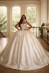 Ivory Satin Ball Gown Wedding Dress with Lace Corset Bodice and Sweetheart Neckline