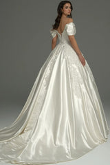 Ivory Satin Ball Gown Wedding Dress with Off Shoulder Sleeves and Corset Bodice