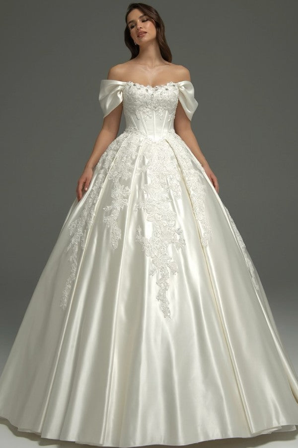Ivory Satin Ball Gown Wedding Dress with Off Shoulder Sleeves and Corset Bodice