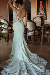 Ivory Satin Mermaid Wedding Dress with Lace Bodice and Spaghetti Straps