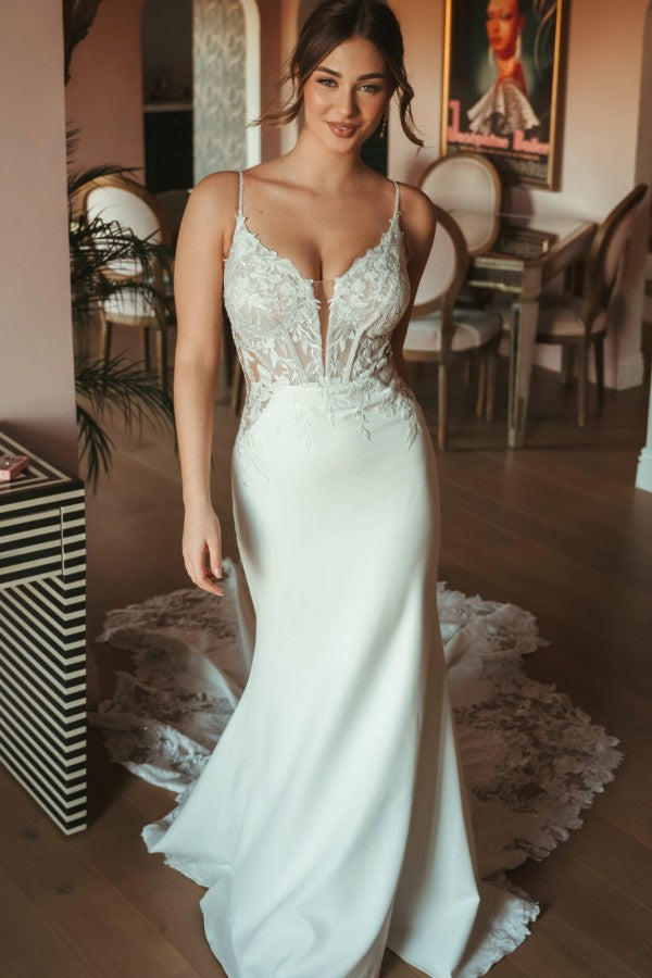 Ivory Satin Mermaid Wedding Dress with Lace Bodice and Spaghetti Straps